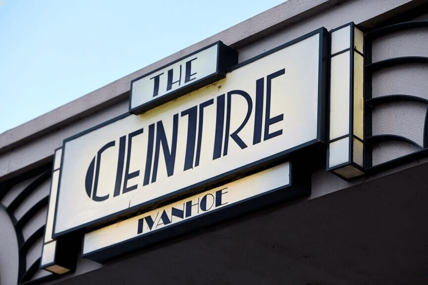 Historic Art Deco exterior signage for The Centre Ivanhoe venue in Melbourne.