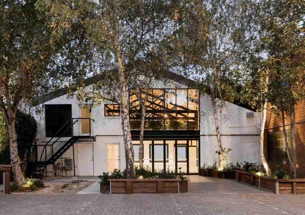 Modern converted warehouse exterior and landscaped courtyard with silver birch trees at Butler Lane in Richmond.
