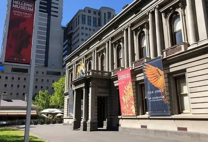 Exterior heritage architecture of the Hellenic Museum located on William Street in Melbourne CBD.