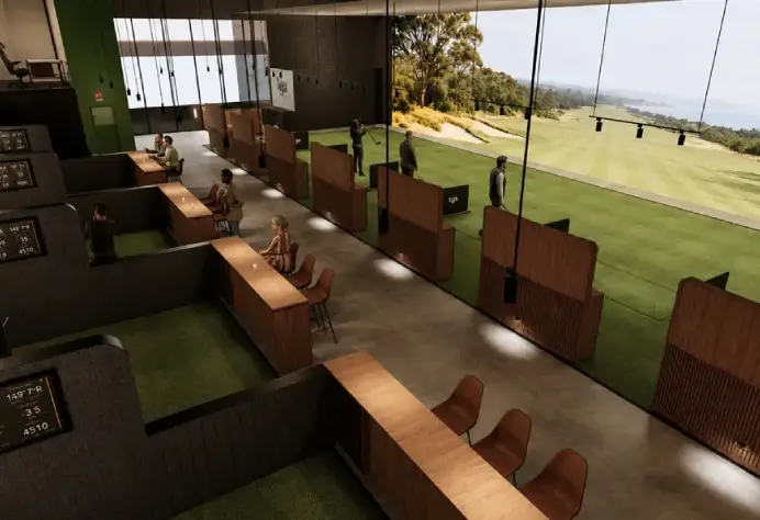 State-of-the-art virtual golf simulator bays and lounge bar setup at The Golf Sanctuary in Clayton.