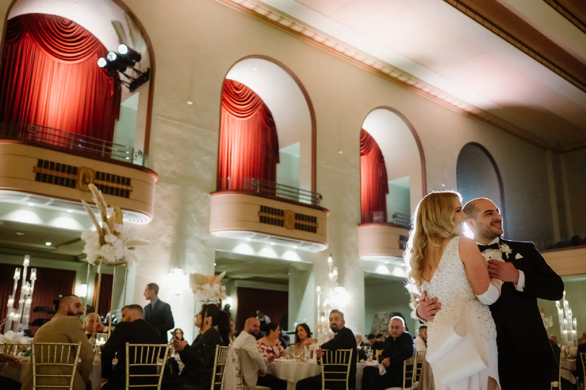 Bride and groom sharing their first dance at a wedding reception inside The Centre Ivanhoe Great Hall.