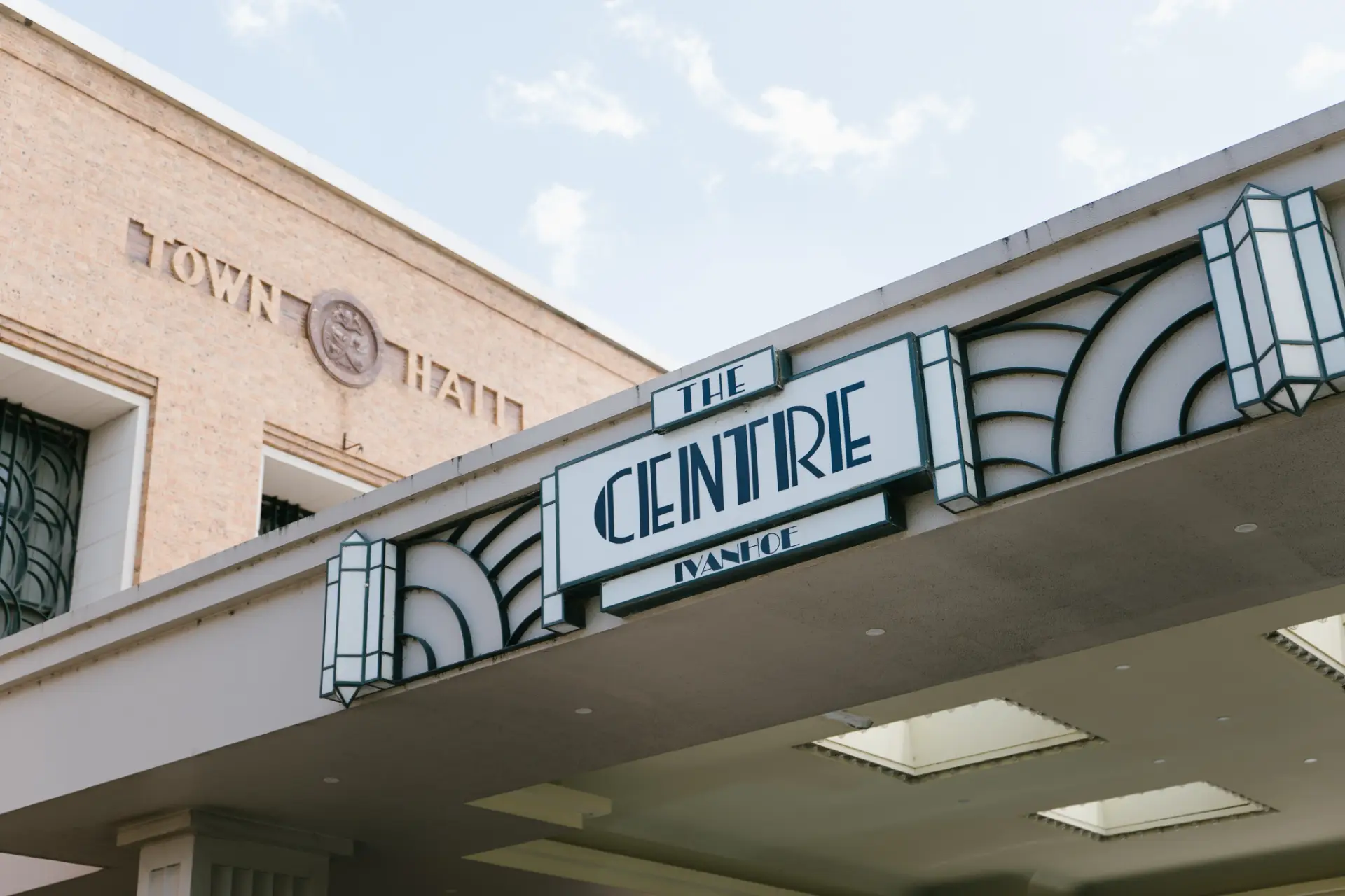 Architectural exterior facade and signature Art Deco sign of The Centre Ivanhoe.