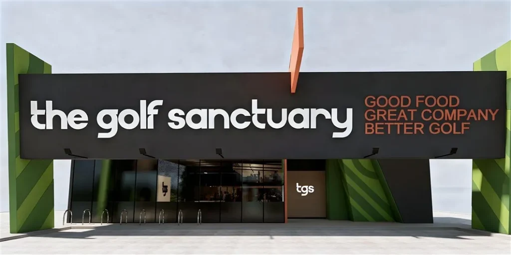 Sleek modern exterior facade and main entrance signage for The Golf Sanctuary venue.